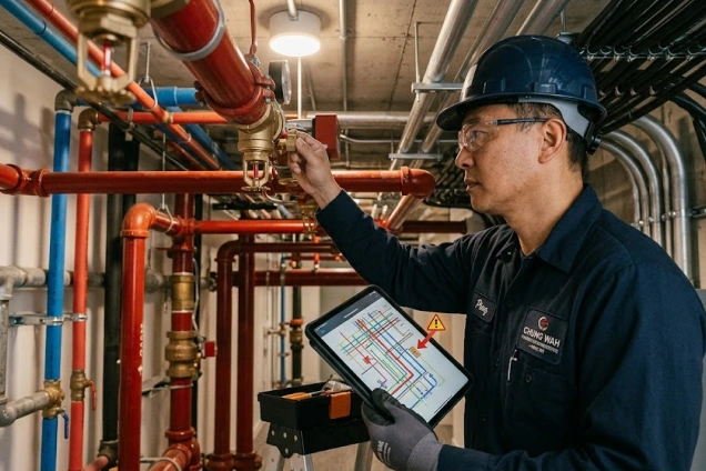 Technician inspecting a fire sprinkler system